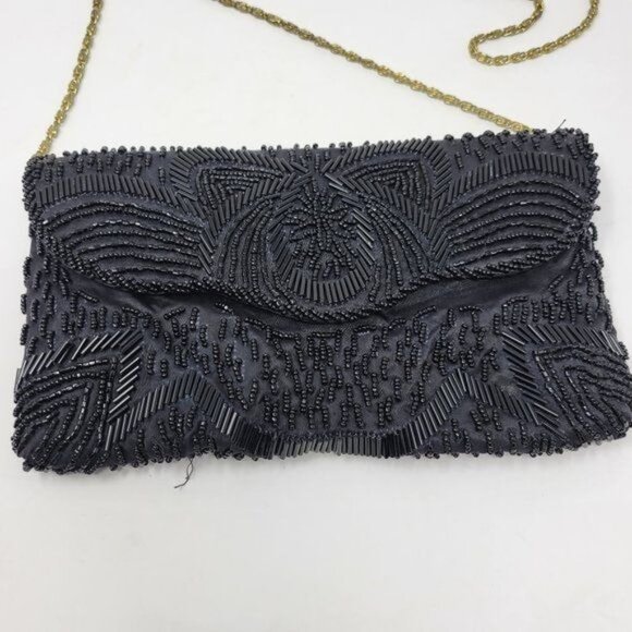 Vintage Black Beaded Evening Clutch With Gold Chain Strap - Picture 3 of 10